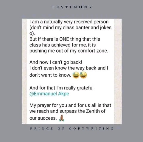 Testimonial:- This class pushed me out of my comfort zone